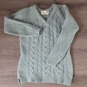 Original Aran Co Womens Cashmere Merino Wool Cable Knit V-Neck Sweater Sage